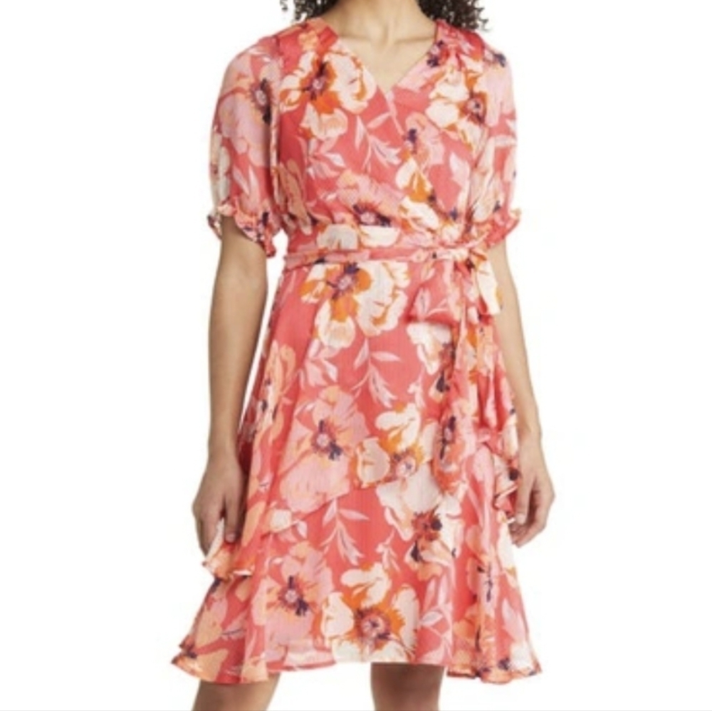 NWT TAhari ASL Floral Tiered Ruffle Wrap Dress Watercolor Style Sz 14
